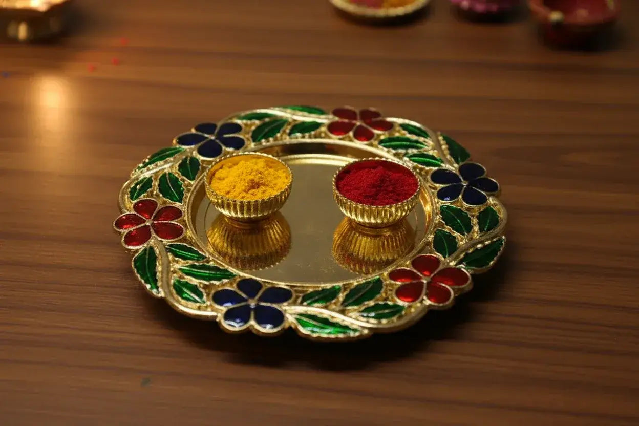 Meenakari plate with kumkum cups for puja
