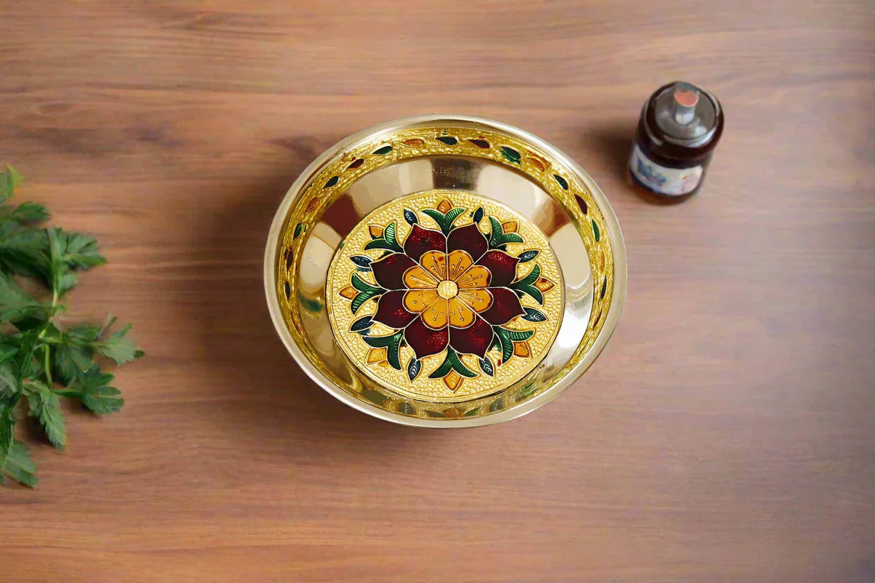 Decorative Meenakari stainless steel plate with intricate multi-color floral design for pooja return gifts