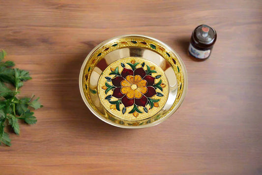 Decorative Meenakari stainless steel plate with intricate multi-color floral design for pooja return gifts