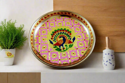 Traditional peacock design Meenakari steel thambaalam plate for wedding giveaways