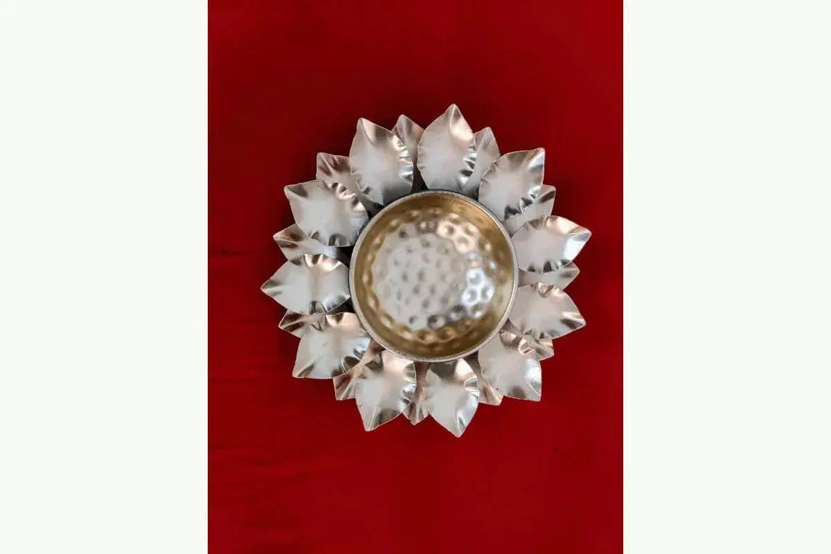 Metal Uruli Bowl with Rose Petals and Diyas
