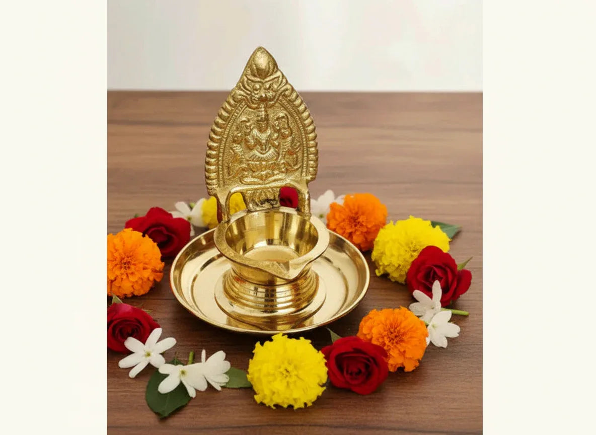 Brass Kamakshi Devi Diya with Plate - Puja Celebrations