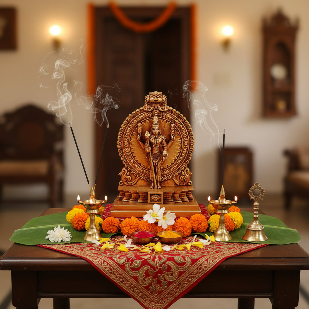 Lord Karthikeya idol holding Vel with peacock for home puja temple return gifts by Puja Celebrations.