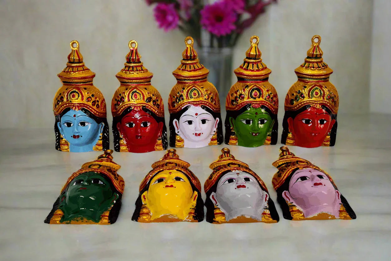 Complete Navadurga Devi Face Set of 9 representing the nine forms of Maa Durga for Navratri puja