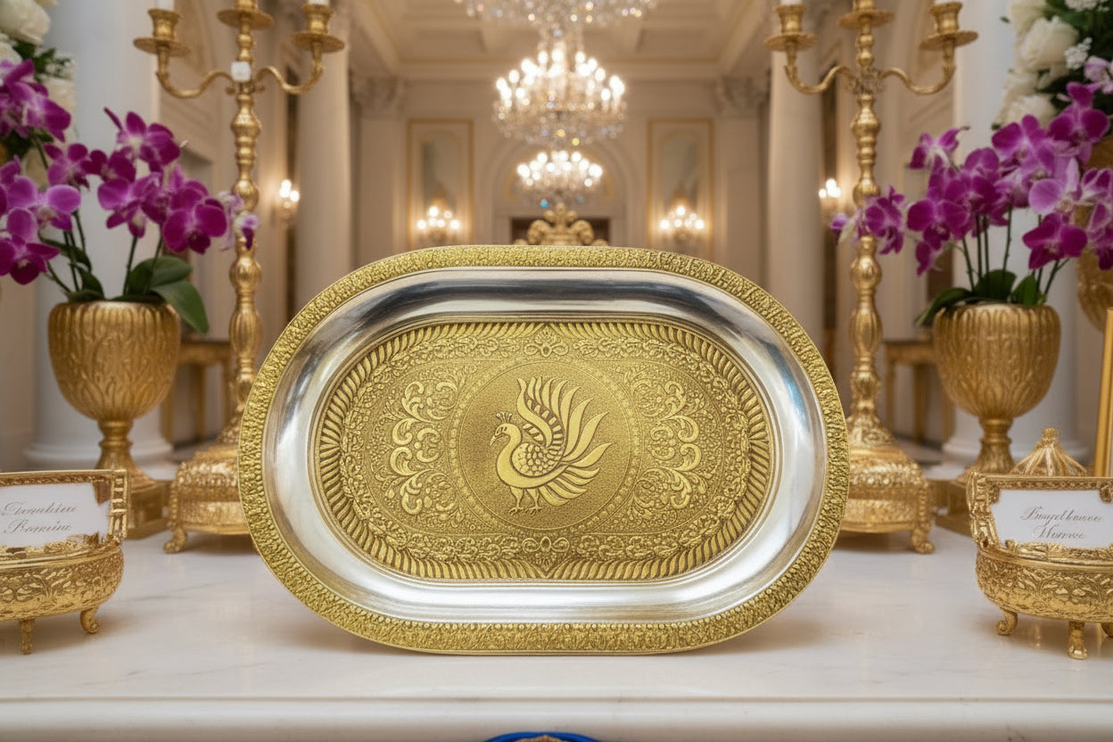 Elegant Copper Finish Steel Tray with Traditional Embossed Work