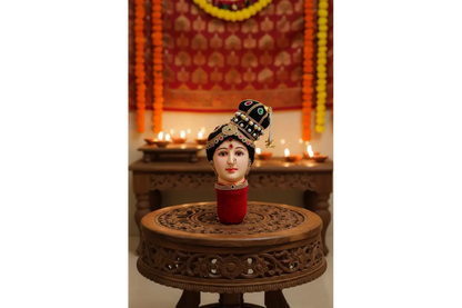 Decorative headpiece on a small round table with a blurred background