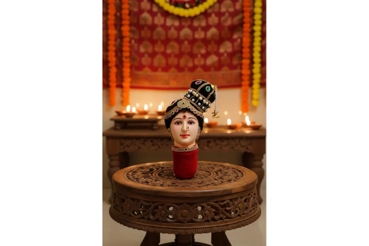Decorative headpiece on a small round table with a blurred background