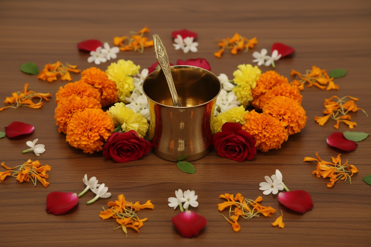 Close up of polished brass udhrani ritual spoon