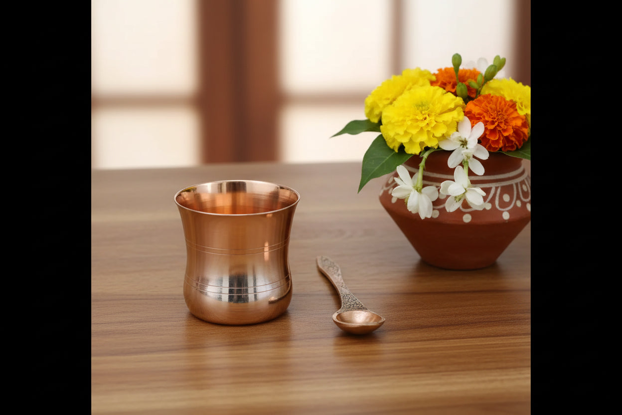 Traditional brass panchapatra and spoon for daily pooja