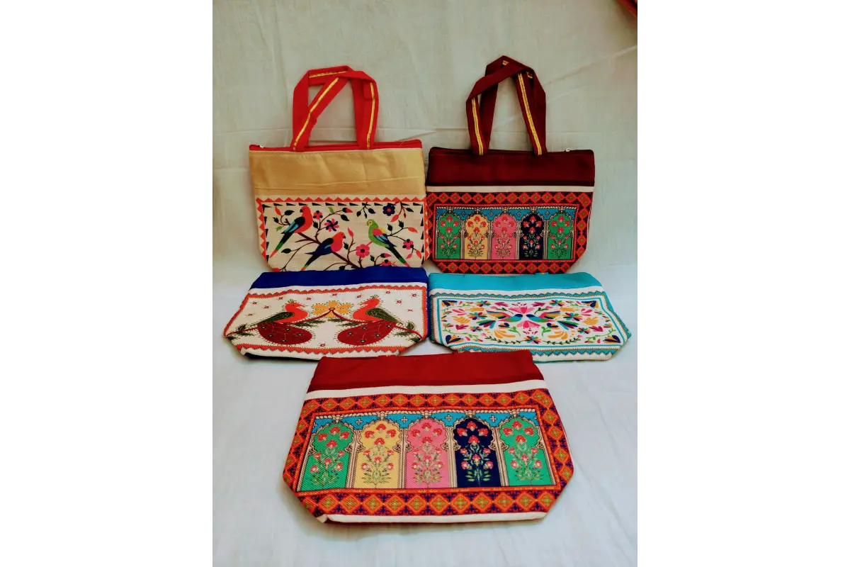 Colorful printed ladies handbag, ideal as baby shower return gift,