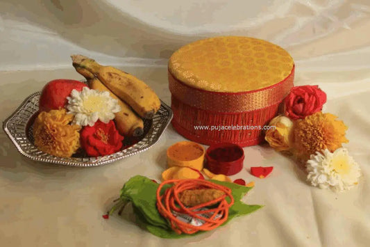 Round Brocade Korai Box - Puja Celebrations