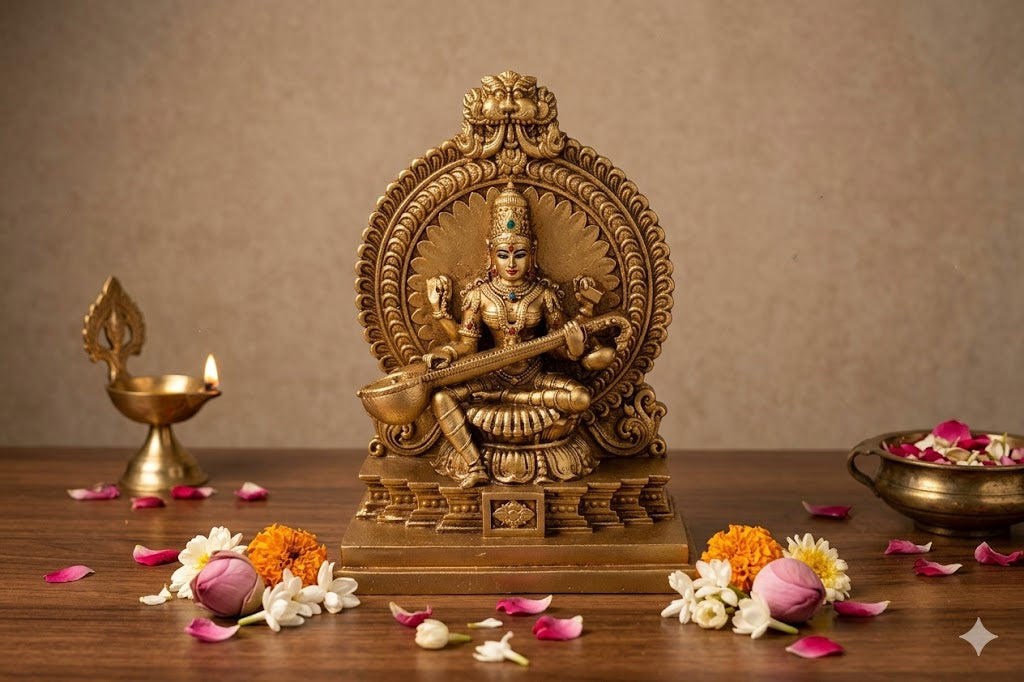 Brass Saraswathi statue for wedding return gifts by Puja Celebrations
