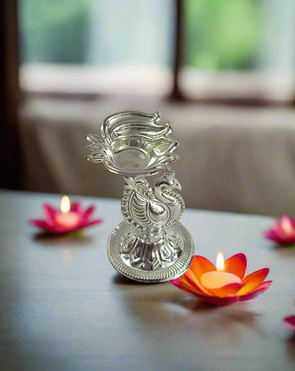 Silver Peacock Lotus Diya
