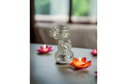 Silver Peacock Lotus Diya