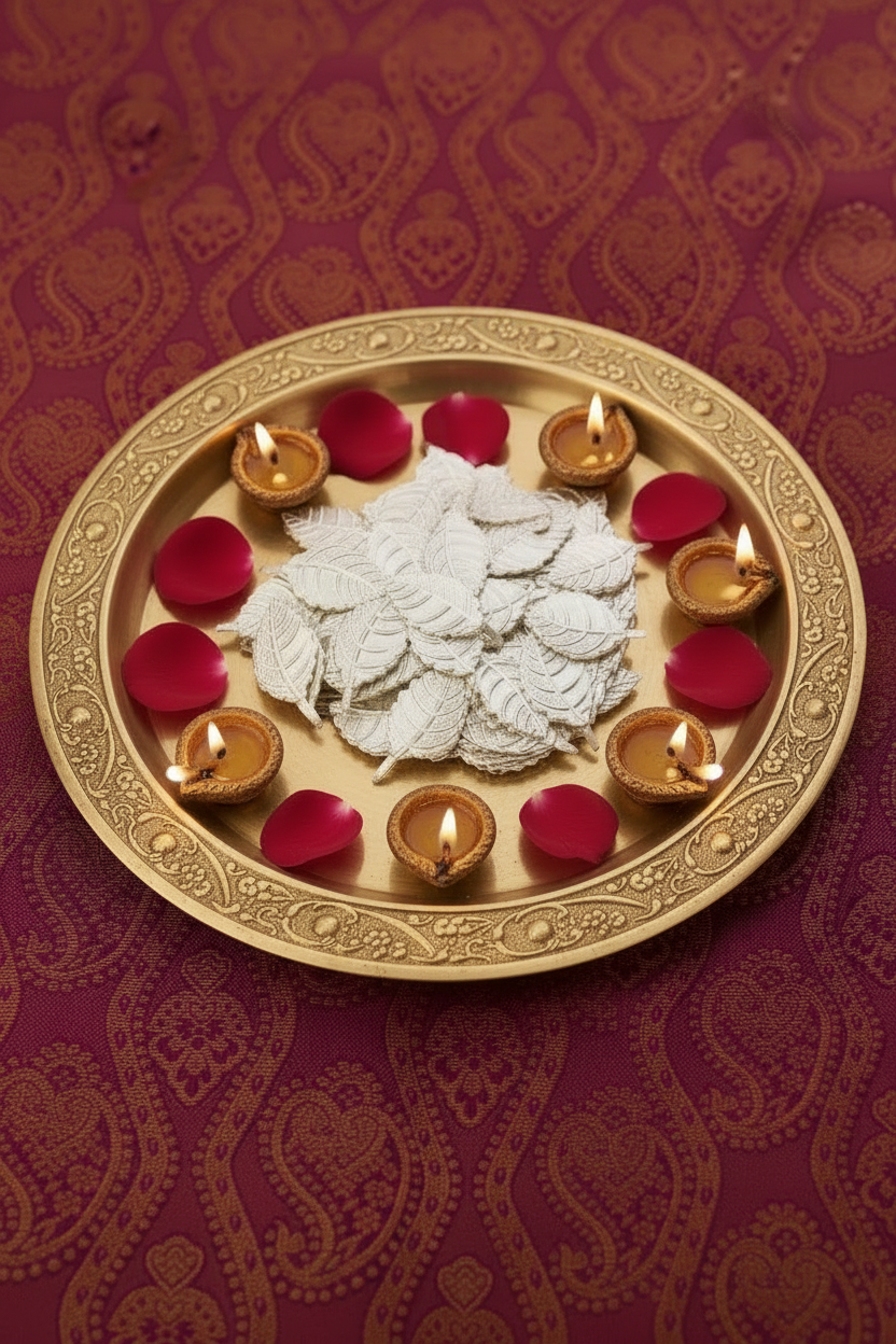 Decorative plate with white leaves, red petals, and small oil lamps on a patterned purple background