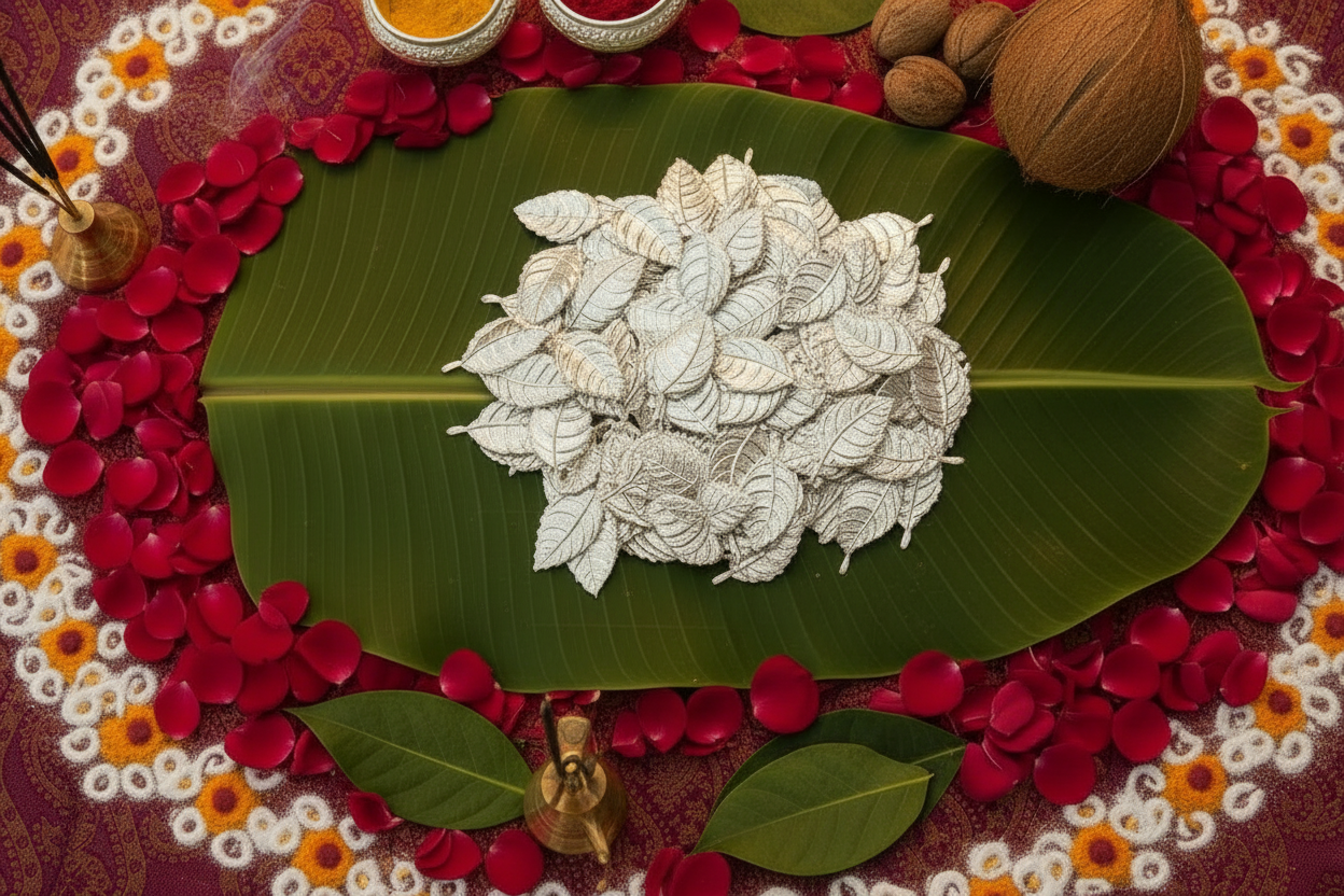 Decorative arrangement with white flowers on a green leaf surrounded by red and yellow flowers.