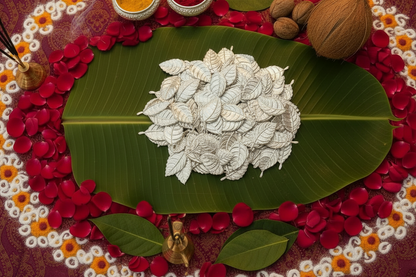Decorative arrangement with white flowers on a green leaf surrounded by red and yellow flowers.