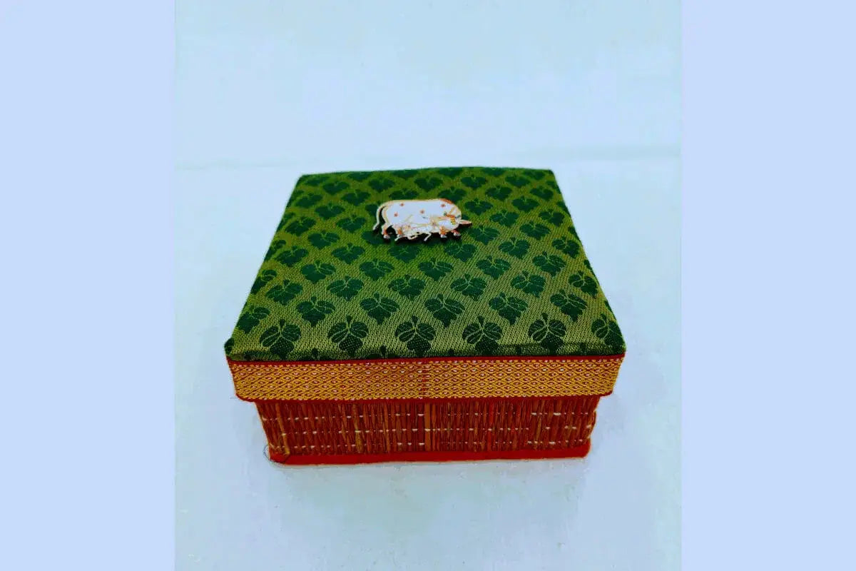 Handmade korai grass box with brocade fabric for puja gifts