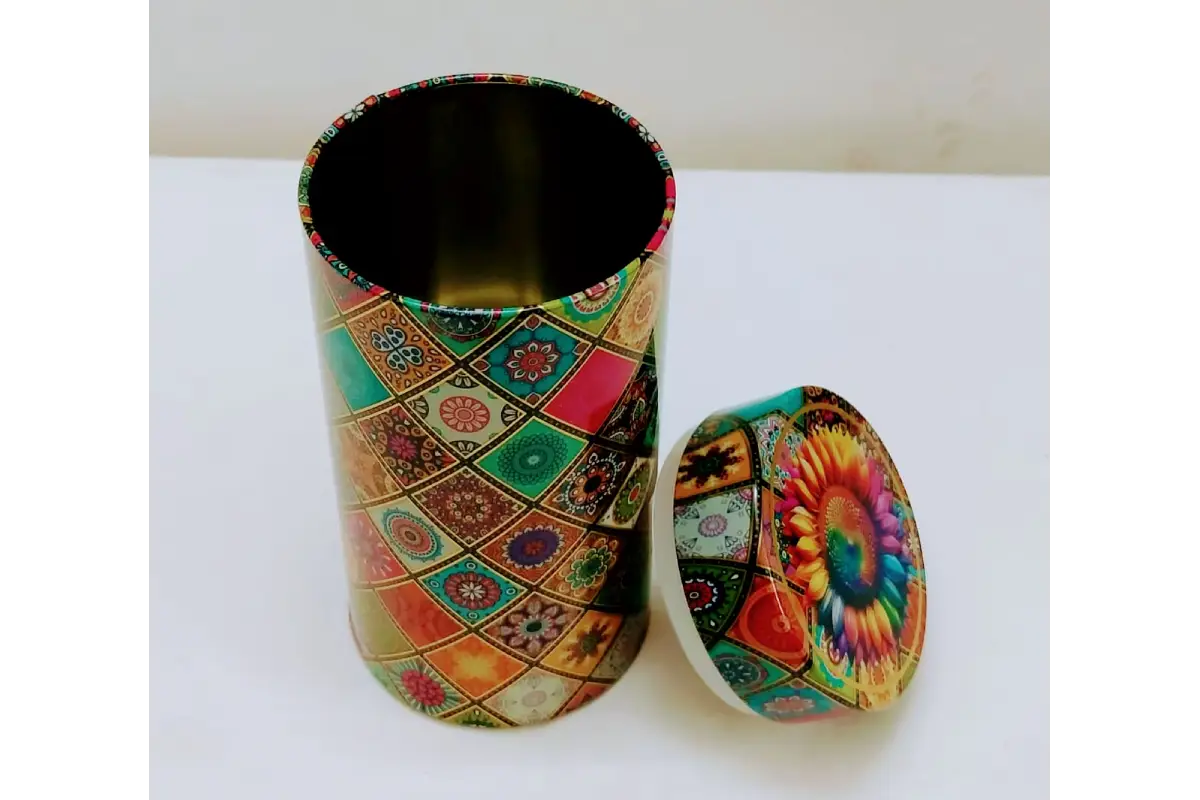 traditional meenakari print tin container for sweets