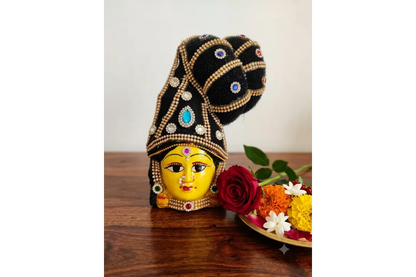 Auspicious Amman face with kondai mounted on a pooja kalash for Navaratri Golu and Friday pooja decorations - Puja Celebrations