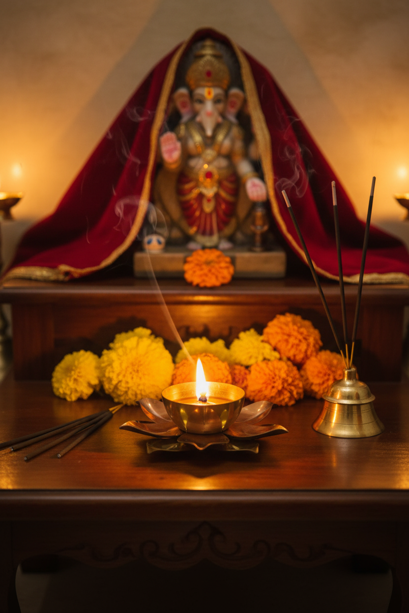 Pooja altar with deity statue, candles, flowers, and incense sticks.
