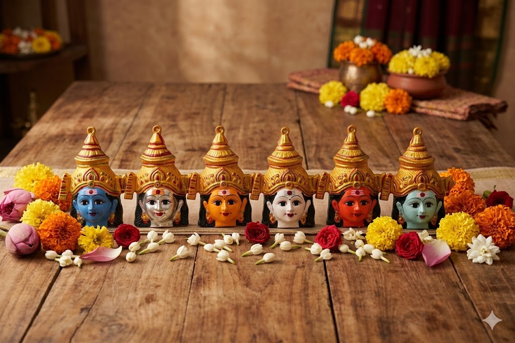 Aarumugam Face Set six faces Lord Murugan idol for festival puja decoration and return gifts by Puja Celebrations