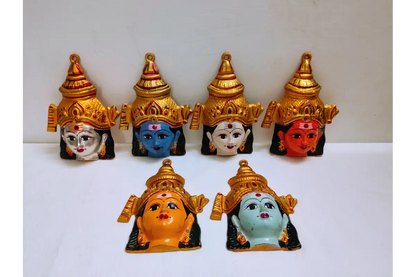 Aarumugam face set displayed as Navaratri golu decor and Varalakshmi puja festival decoration item