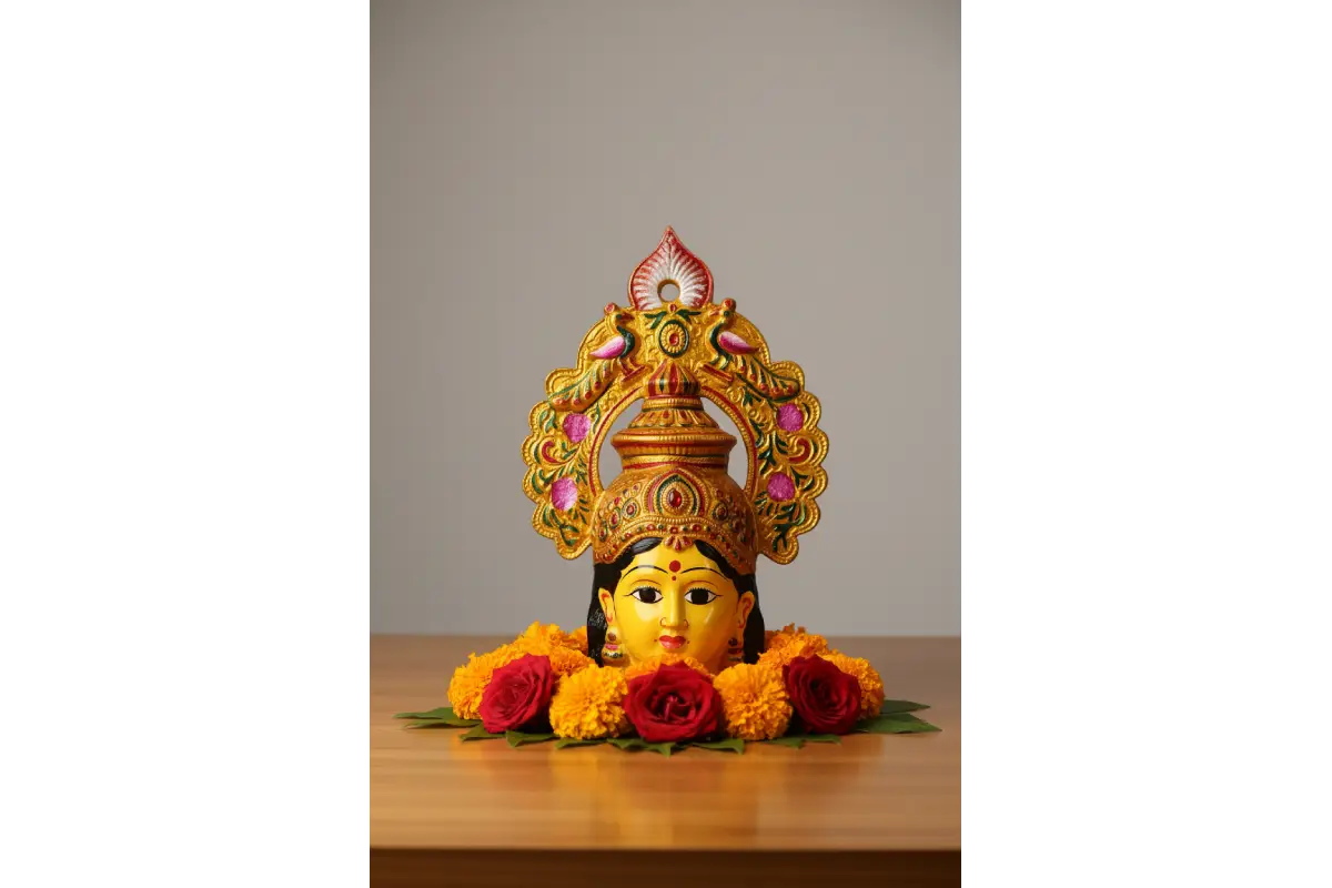 Auspicious Amman face with peacock arch mounted on a pooja kalash for Navaratri Golu and Friday pooja decorations