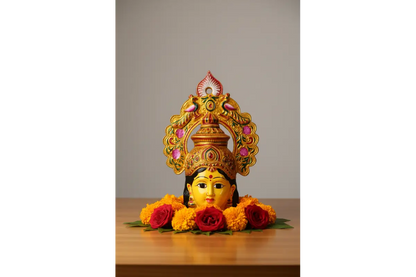 Auspicious Amman face with peacock arch mounted on a pooja kalash for Navaratri Golu and Friday pooja decorations