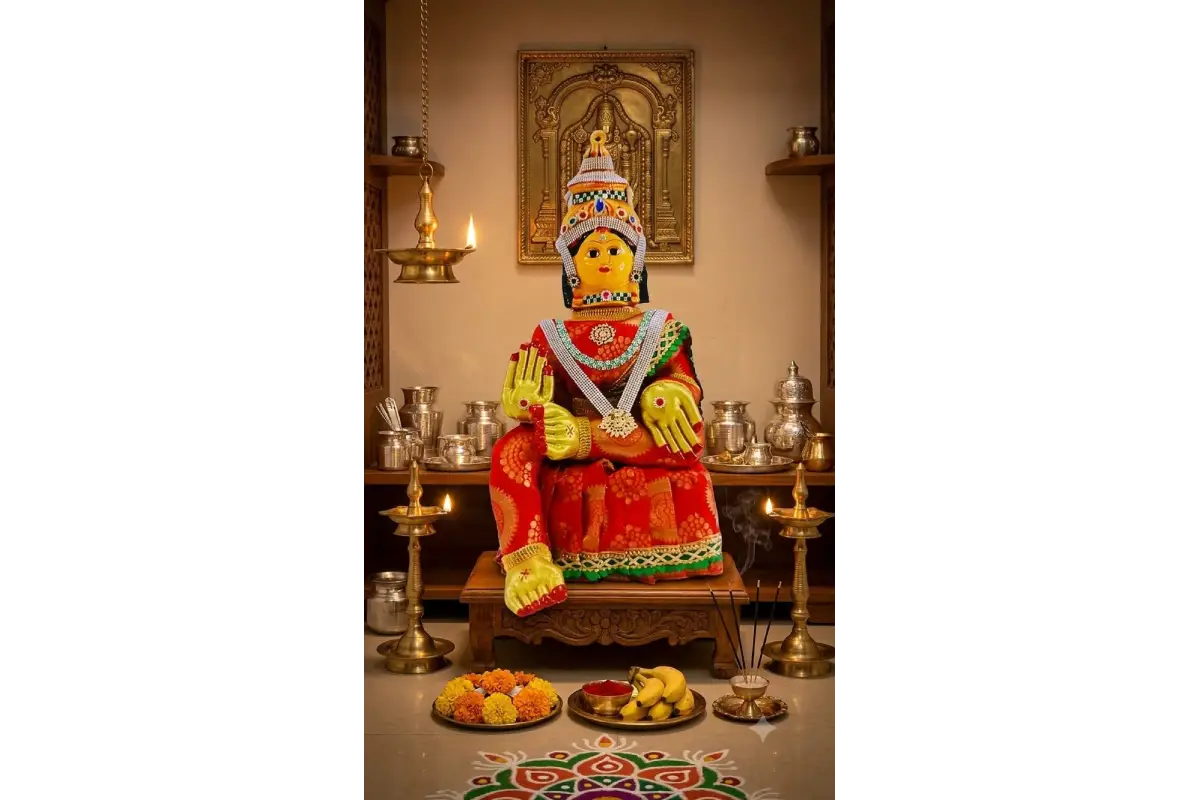 Ammavari doll face stand fully decorated with jewelry, silk saree, and Goddess face for a complete festival mandir setup