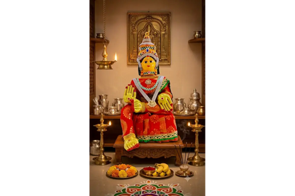 Ammavari doll face stand fully decorated with jewelry, silk saree, and Goddess face for a complete festival mandir setup