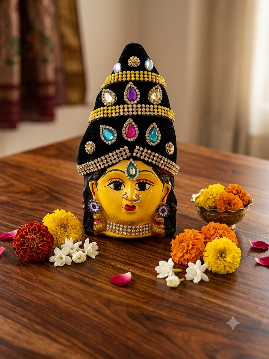 Auspicious Amman face with kondai mounted on a pooja kalash for Navaratri Golu and Friday pooja decorations