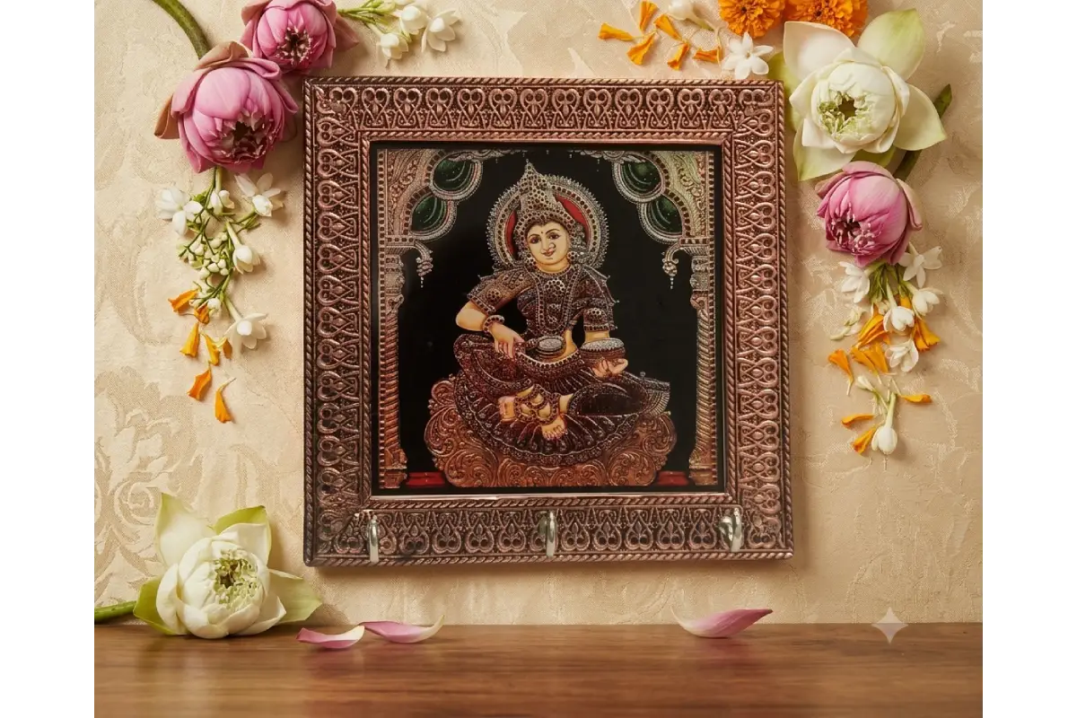 Traditional wooden Annapoorneshwari key holder with multiple hooks for housewarming return gifts
