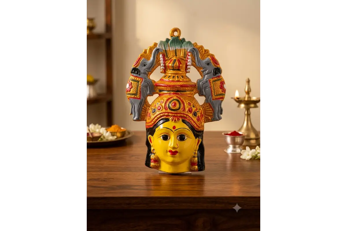 Traditional yellow metal Varalakshmi face with divine elephant arch prabhavali for festival kalash alankaram - PujaCelebrations