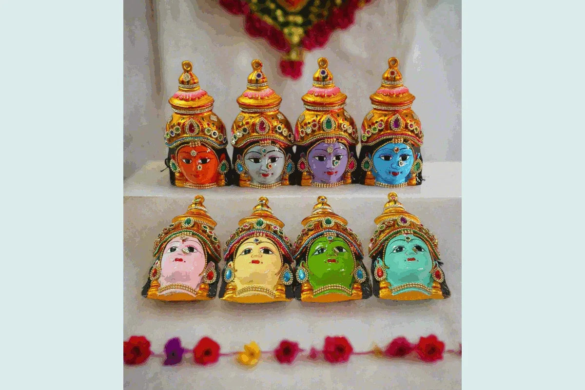 Complete handcrafted set of 8 decorated Ashtalakshmi Devi faces with stone and zardosi work for pooja