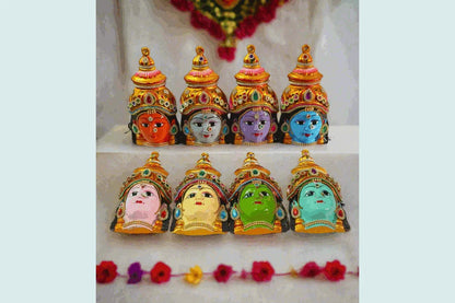 Complete handcrafted set of 8 decorated Ashtalakshmi Devi faces with stone and zardosi work for pooja