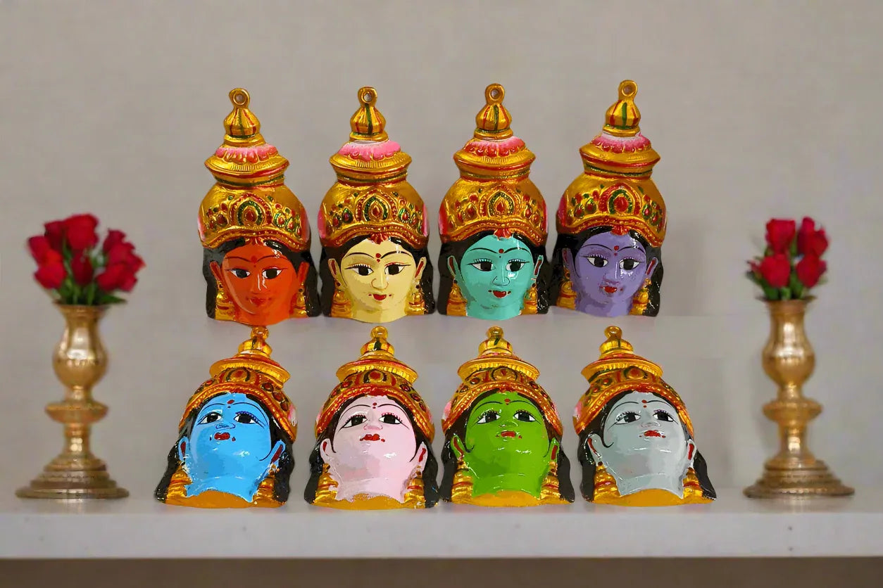 Complete Metal Ashtalakshmi Devi Face set of 8 pieces for traditional home puja decoration