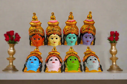 Complete Metal Ashtalakshmi Devi Face set of 8 pieces for traditional home puja decoration