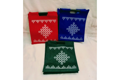Assorted multi-colored Jute Kolam Kattapai bags available at Puja Celebrations