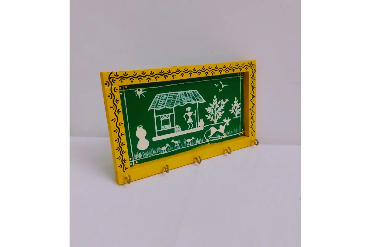 Assorted Warli tribal art painting design options on wooden keyholders available wholesal
