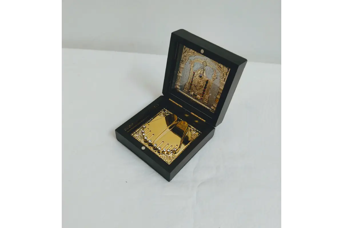 Traditional Tirupati Balaji Charan Paduka box with gold finish - Puja Celebrations