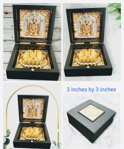 Close-up view of intricate Lord Venkateswara portrait and holy Charan Paduka embossing on box lid