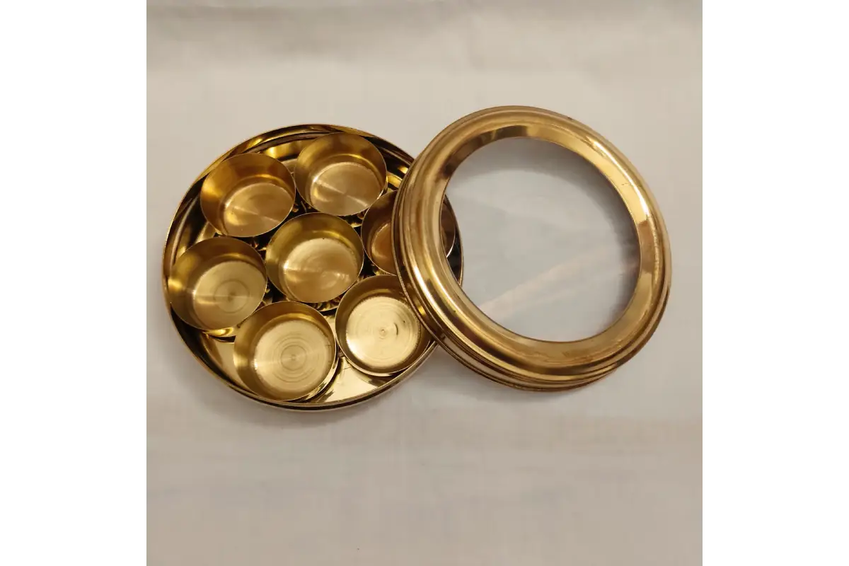 Brass masala box Anjarai Petti packaged in gift box with Haldi Kumkum for pooja guests