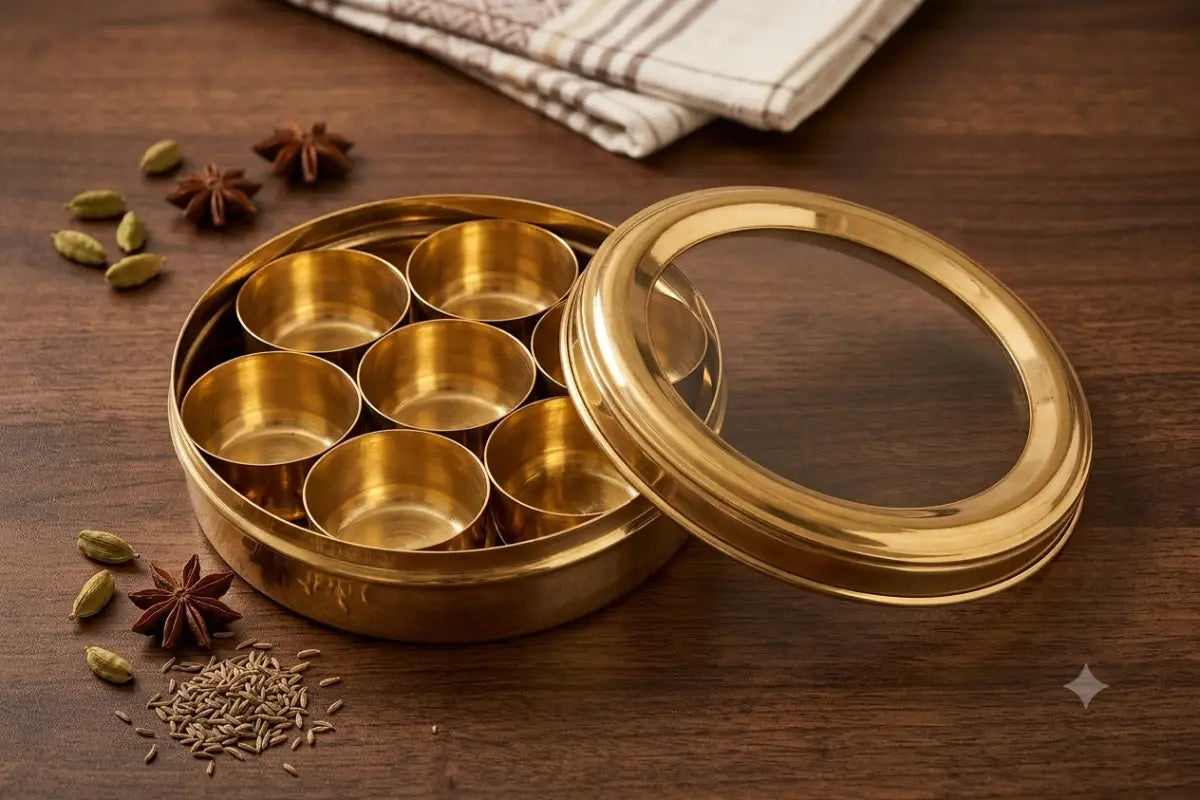 Heavy-duty brass Anjarai Petti held in hand showing realistic size for kitchen storage