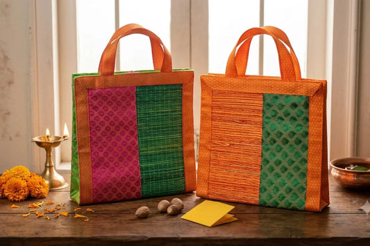 Traditional eco friendly Brocade Korai grass thamboolam bag for wedding return gifts