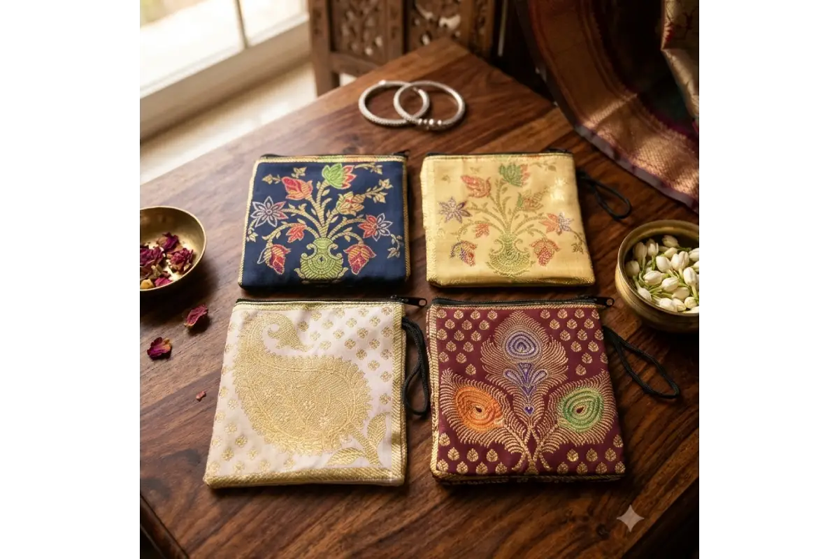 Traditional red and gold brocade mini purse for return gifts by Puja Celebrations