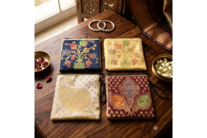 Traditional red and gold brocade mini purse for return gifts by Puja Celebrations