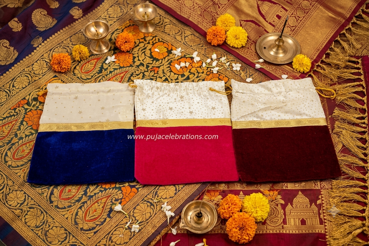 Bulk bundles of decorated velvet and satin return gift potli bags at discounted wholesale prices