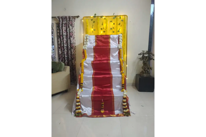 Close-up view of heavy gold zari border and premium satin fabric on tailored Golu stand cover