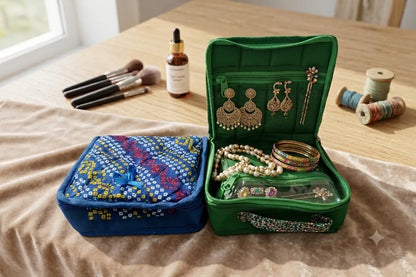 Designer fabric jewels pouch with elegant brocade detail for jewelry storage and wedding return gifts - Puja Celebrations